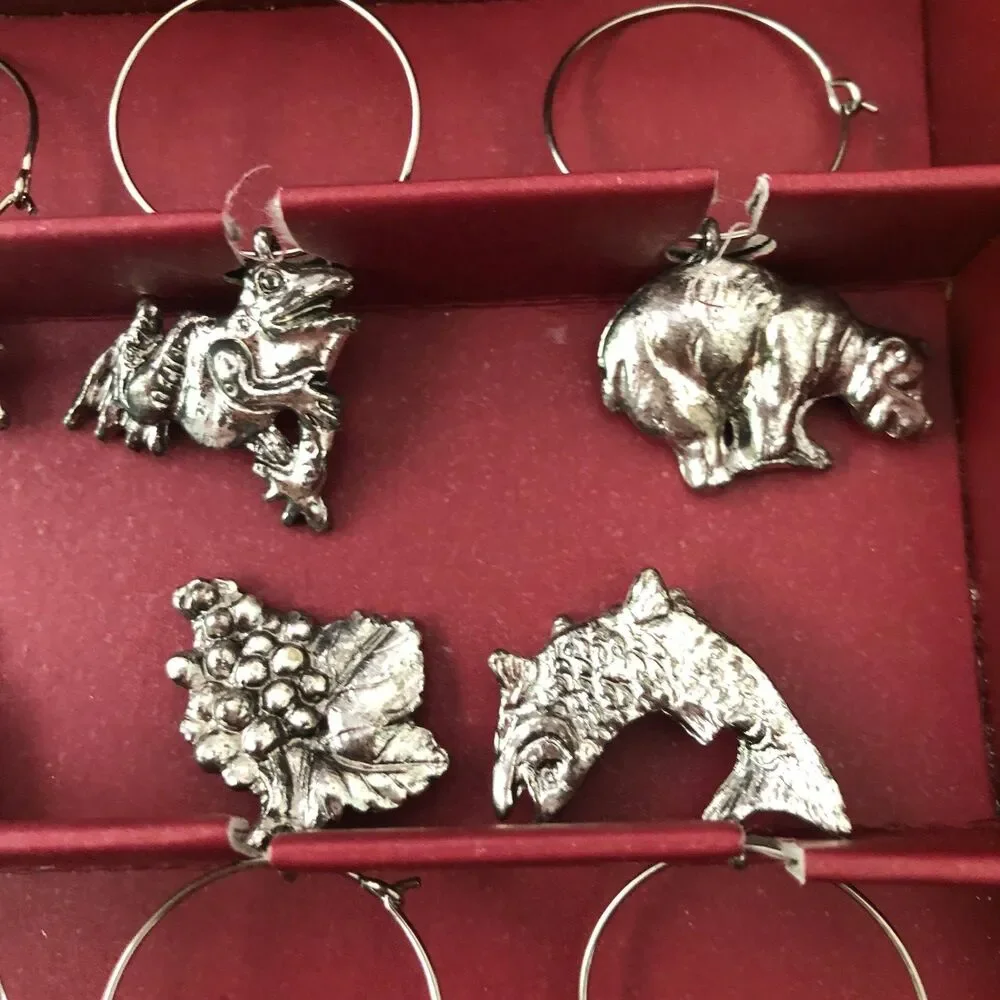 Arthur Court Wine Glass Charms Identifiers Lot of 8 Silver Rabbit Cat Fish Grape